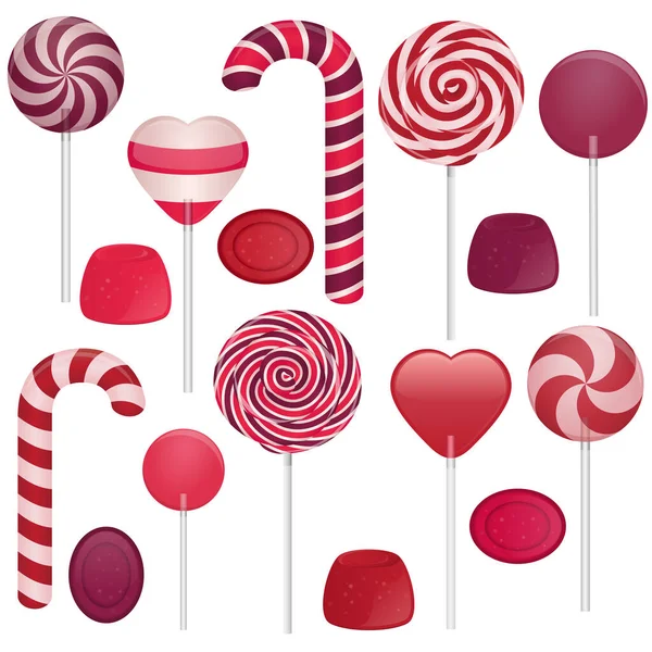 Vektor ilustrasi permen yang berbeda. Candy cane, swirl lollipop, heart lollipop, round lollipop, jellies, hard candies . - Stok Vektor