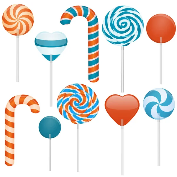 Vektor ilustrasi permen yang berbeda. Candy cane, swirl lollipop, heart lollipop, round lollipop . - Stok Vektor
