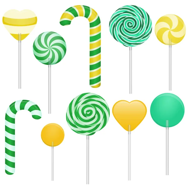 Vektor ilustrasi permen yang berbeda. Candy cane, swirl lollipop, heart lollipop, round lollipop . - Stok Vektor