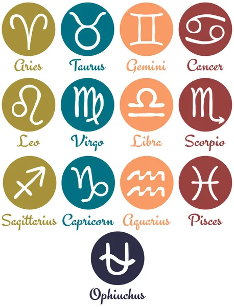 Illustration vectorielle de signes du zodiaque dessinés à la main sur cercle coloré. Icônes simples du zodiaque. Symboles d'horoscope avec treizième signe astrologique Ophiuchus . — Image vectorielle