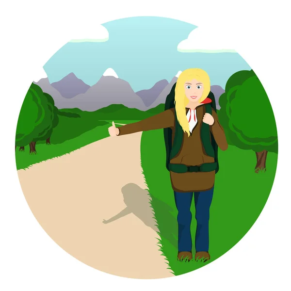 Stopař dívka s batohem stojící na silnici v horách. — Stockový vektor