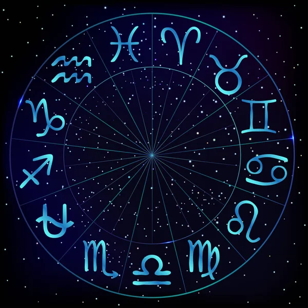 Wektorowa ilustracja koła zodiaku na kosmicznym tle z gwiazdami. Astrologiczne znaki horoskopowe. Zodiak koło z trzynastym znakiem astrologicznym Ophiuchus. — Wektor stockowy