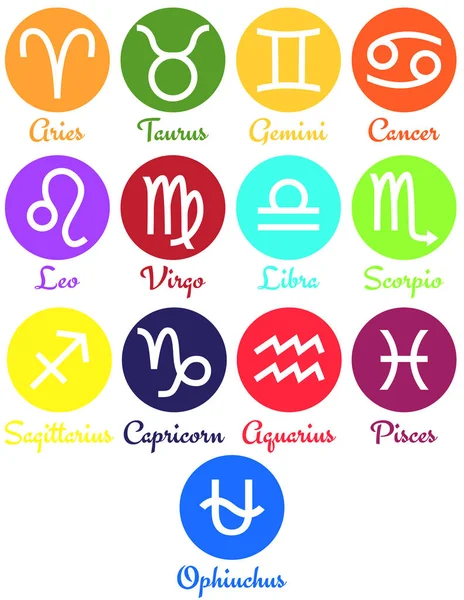 Illustration vectorielle des signes du zodiaque sur cercle coloré. Icônes simples du zodiaque. Symboles d'horoscope avec treizième signe astrologique Ophiuchus . — Image vectorielle