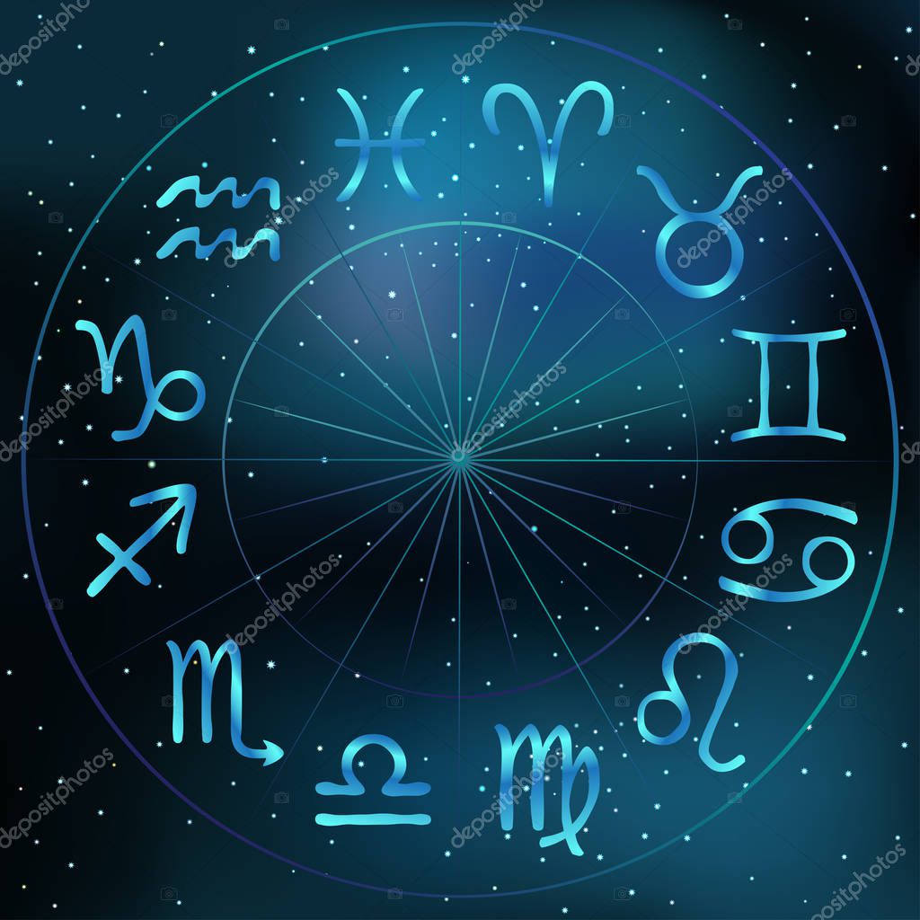 Vector illustration of zodiac circle on cosmic background with stars and nebula. Astrology horoscope signs.