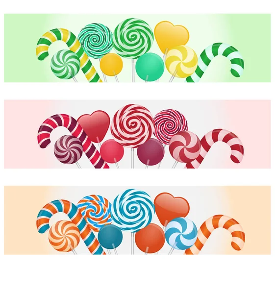Set dari tiga banner horisontal dengan lilin berwarna-warni dan lolipop. Ilustrasi vektor stok . - Stok Vektor