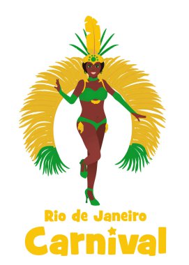 Brezilyalı samba dansçısı illüstrasyonu. Hisse senedi vektörü beyaz arkaplanda izole edildi. Rio de Janeiro festivalinde karnaval kostümü giymiş güzel bir kadın..