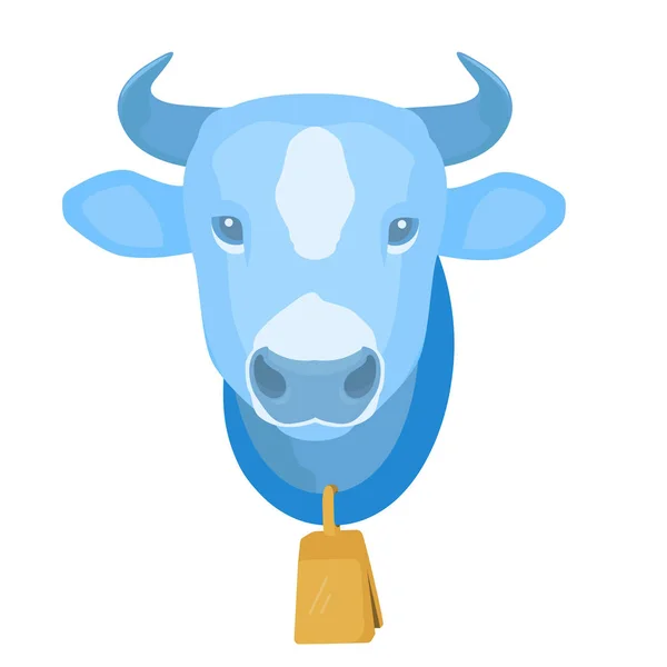 Cartoon blauwe koe hoofd met gouden bel in de nek. Voorraadvectorillustratie. Koe pictogram geïsoleerd op witte achtergrond. — Stockvector