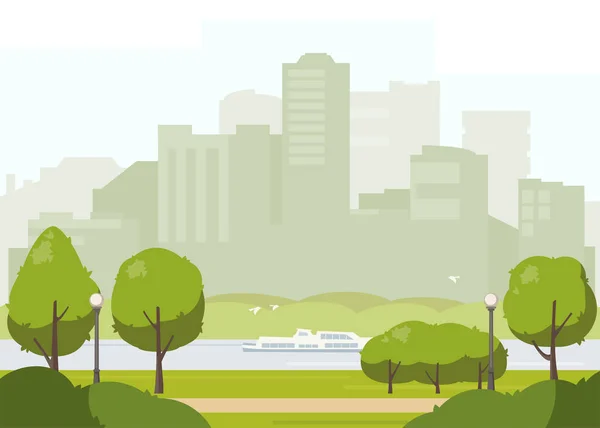 Stadsparken landskap platt illustration. Lagervektor. Våren eller sommaren park med gröna träd, gångväg, lykta, flod och flod spårvagn. Höga byggnader i bakgrunden. — Stock vektor