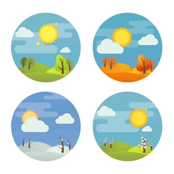 Set of round four season icons: summer, winter, spring, autumn. Stock vector illustration. Isolated on white background. — Stock Vector