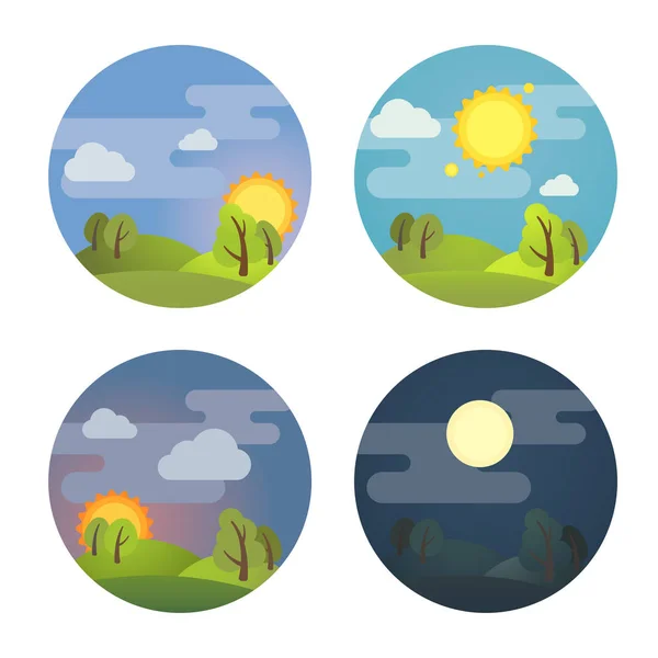 Set of round four times of day icons: morning, day, evening, night. Stock vector illustration. Isolated on white background. — Stock Vector