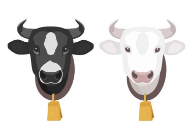 Cartoon cow heads with gold bell on the neck. Spotted black and white cows. Stock vector illustration. Cow icon isolated on white background. clipart