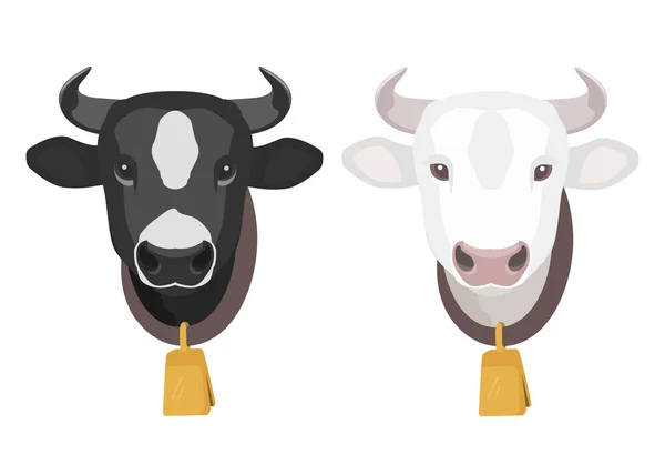 Cabeças de vaca dos desenhos animados com sino de ouro no pescoço. Vacas pretas e brancas manchadas. Ilustração vetorial de estoque. Ícone de vaca isolado no fundo branco . — Vetor de Stock