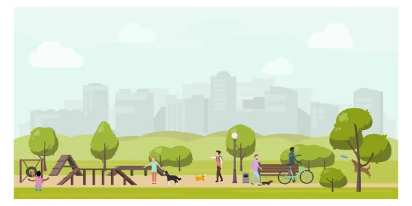 Aire de jeux pour chiens dans le parc de la ville illustration plat.Personnes jouant avec des chiens dans le parc public. — Image vectorielle