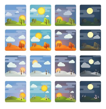 Set of square four season and four times of day icons: summer, winter, spring, autumn, morning, day, evening, night.