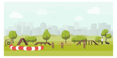 Agility track in city park flat illustration. Dog playground vector.Woman training dog in public park.Training equipment clipart