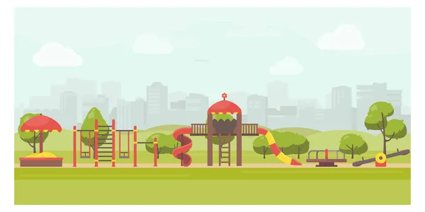 Parque infantil en el parque de la ciudad ilustración plana. Zona de juegos con tobogán, columpio, carrusel, caja de arena. Parque público paisaje . — Vector de stock