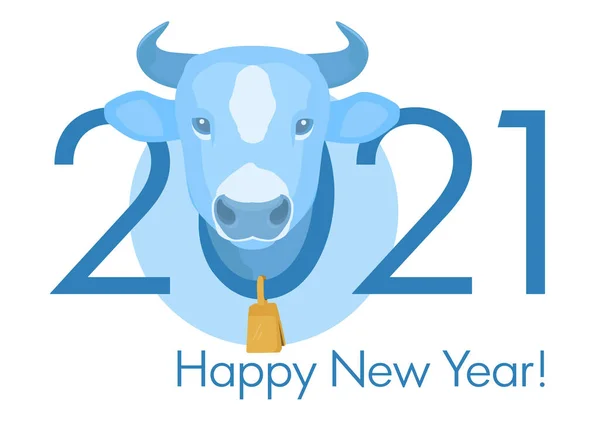Gelukkig 2021 nieuwjaarsspandoek. Blauwe koeienkop met gouden bel in de nek. Vectorillustratie. — Stockvector