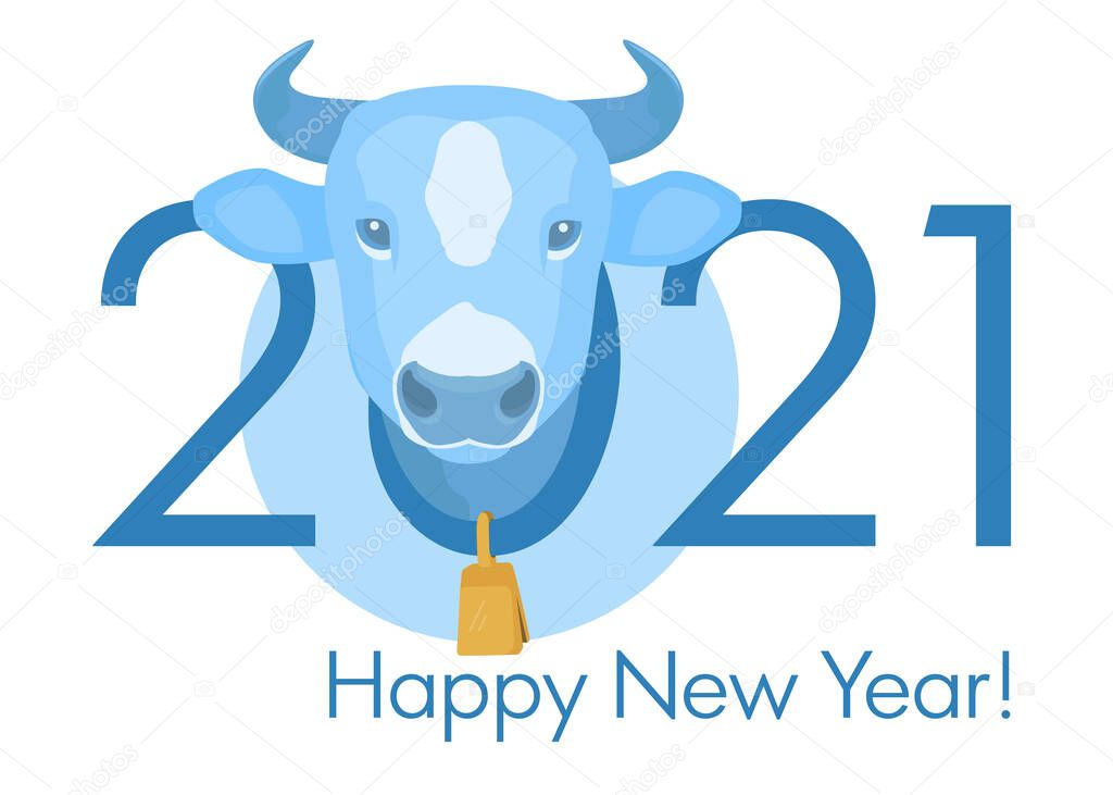 Happy 2021 new year banner. Blue cow head with gold bell on the neck. Vector illustration.
