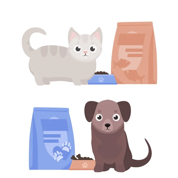 Pet food vector illustration. Cartoon happy dog and cat sitting with full bowl of dry food and food packages. — Stock Vector