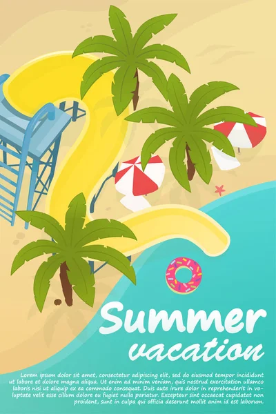 Summer vacation poster concept. Stock vector. Water slide on the sea beach with palm trees and beach umbrellas. Top view — Stock Vector