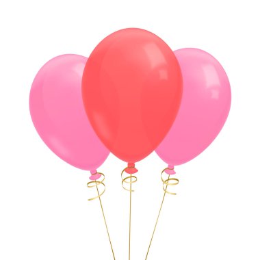 Altın kurdeleli üç gerçekçi uçan balon. Pembe ve kırmızı balonlar. Beyaz arkaplanda izole. 