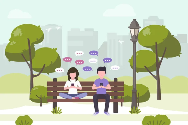 Mujer joven y hombre joven sentado en el parque de la ciudad y el envío de mensajes con el teléfono inteligente. Tecnología móvil ilustración plana — Vector de stock