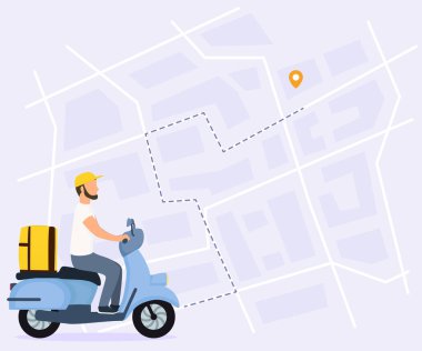 Yemek teslimatı vektör çizimi. Arkasında sarı paket kutusu olan scooter 'lı kurye. Çizgi izi olan rota