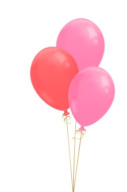 Altın kurdeleli üç gerçekçi uçan balon. Pembe ve kırmızı balonlar. Beyaz arkaplanda izole. 