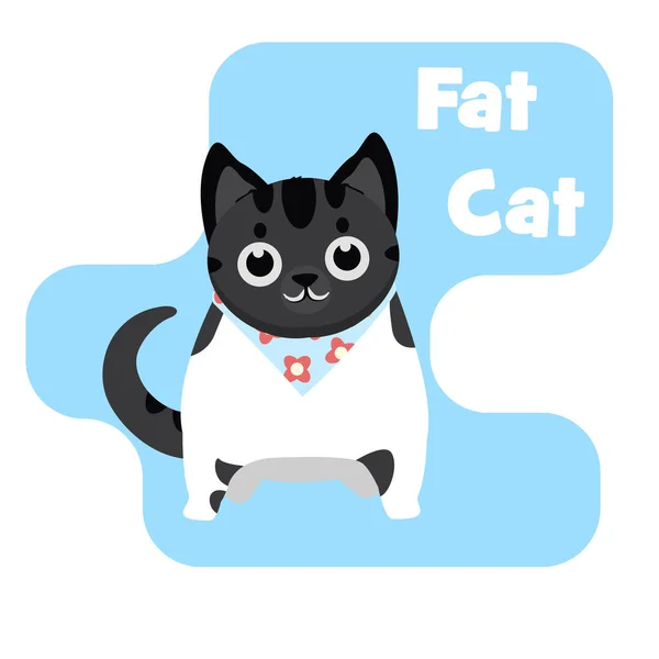 Divertente cartone animato Fat Cat vettoriale illustrazione. Carino sorridente gatto in bianco e nero con bandana . — Vettoriale Stock