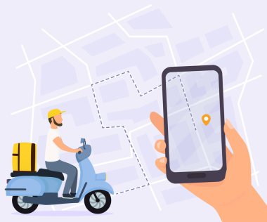  Arkasında sarı paket kutusu olan scooter 'lı kurye. Şehir haritasında bitiş noktası olan akıllı telefonu tutmak. 