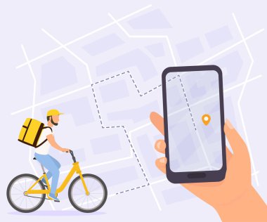  Bisikletli kurye, arkasında sarı paket kutusu olan. Şehir haritasında bitiş noktası olan akıllı telefonu tutmak. 