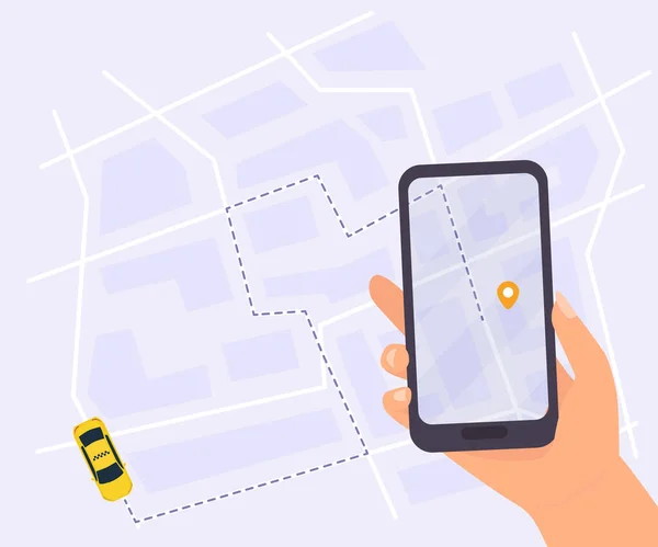 Città servizio taxi vettoriale illustrazione. App taxi. Sistema di tracciamento con auto gialla e punto di destinazione sulla mappa della città . Vettoriale Stock