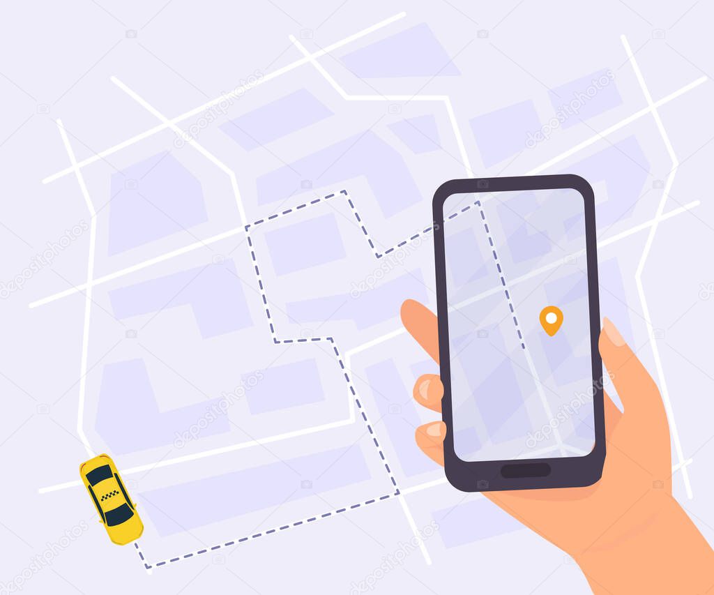 City taxi service vector illustration. Taxi app. Tracking system with yellow car and destination point on city map.