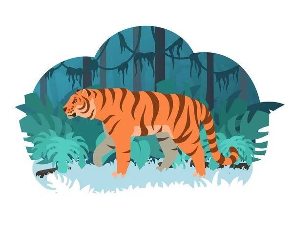 Zeichentricktiger, der durch einen Dschungel geht. Illustration eines Aktienvektors. Bewohner des Regenwaldes. — Stockvektor