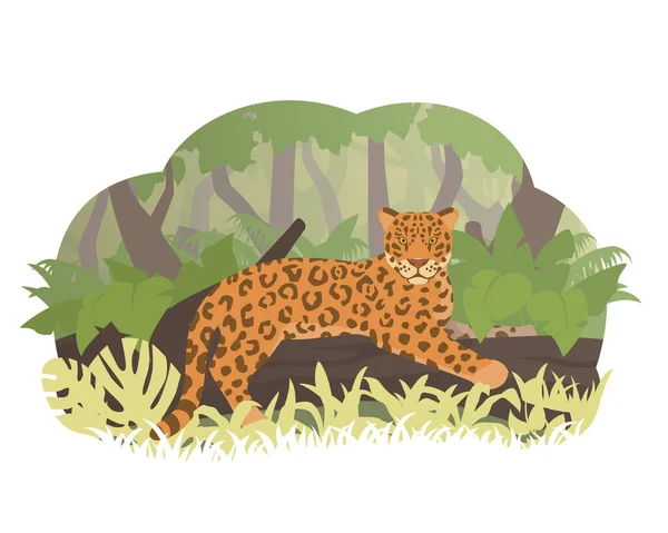 Cartoon jaguar lying on a tree in jungle. Vector illustration. Rainforest inhabitants. — Stock Vector
