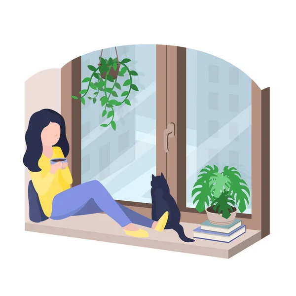 Jeune femme assise sur un rebord de fenêtre avec une tasse de thé et un chat. Illustration vectorielle . — Image vectorielle
