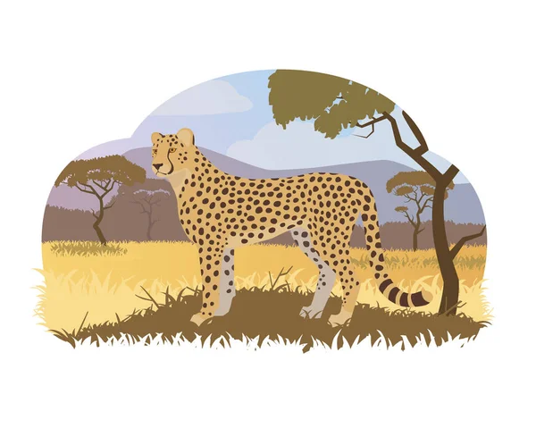 Un ghepardo dei cartoni animati a Savannah. Illustrazione vettoriale. Safari animali, savana paesaggio . — Vettoriale Stock