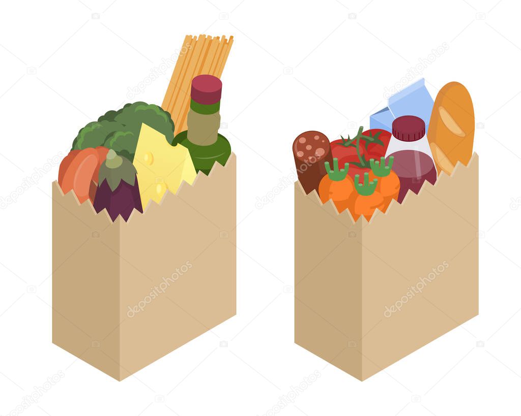 Paper bag with different food isometric illustration. Stock vector. Grocery shopping, grocery delivery concept. 
