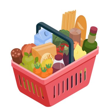 Farklı yemek izometrik resimli kırmızı alışveriş sepeti. Hisse senedi vektörü. Market alışverişi, süpermarket çizimi..