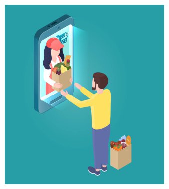 Çevrimiçi alışveriş, yemek siparişi, dağıtım izometrik çizimler. Hisse senedi. Satıcı kadın bir alıcıya yemek paketleri teslim eder.