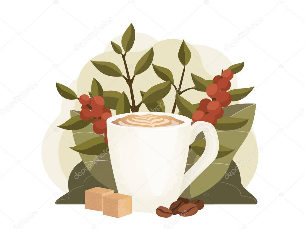Cup of hot cappuccino with coffee beans and sugar cubes illustration. Coffee berries and leaves. Stock vector.