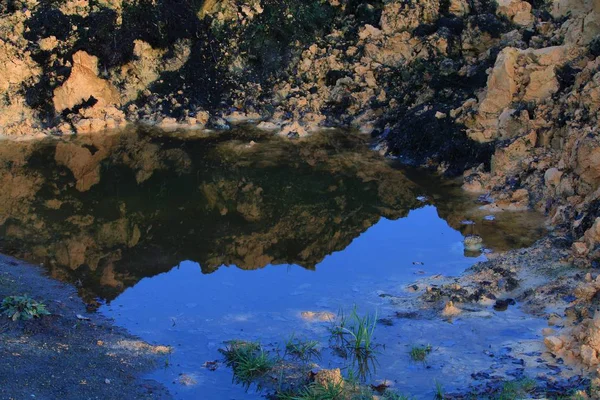 黄色の粘土は水たまりに反射され — ストック写真