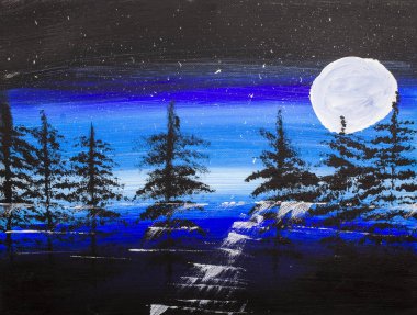 Yağlı boya: Dolunay ormanda gölge düşürüyor