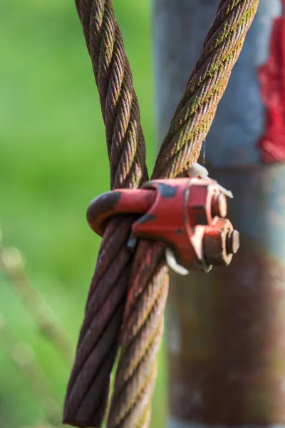 用苔藓覆盖的前障碍物生锈的旧钢丝绳 — 图库照片