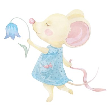 Çiçek ve kurdeleyle dans eden elbise giymiş şirin bir fare.