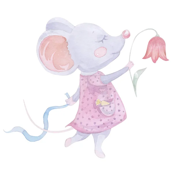Cute mouse in a dress dancing with a flower and ribbon