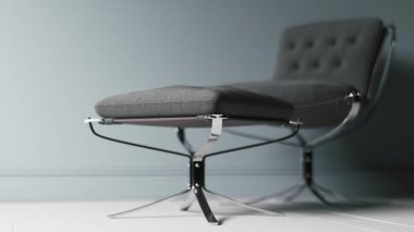 Basit oda arka planında dışkısı olan siyah yumuşak sandalyenin 3D tasarımı