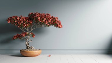 Sade arka planda kırmızı yapraklı saksı bonsai ağacının gerçekçi 3D çizimi