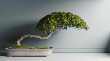 Sade arka planda yeşil yapraklı saksı bonsai ağacının gerçekçi 3D çizimi