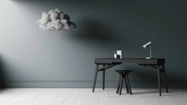 现实的3D图像 灰色云彩笼罩在时髦的黑色桌子上 椅子在普通灰色墙壁的背景上 — 图库照片